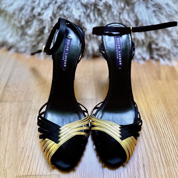 Ralph Lauren Collection Purple Label Strappy Heels Stiletto Black Gold 9.5B EUC - Picture 1 of 16